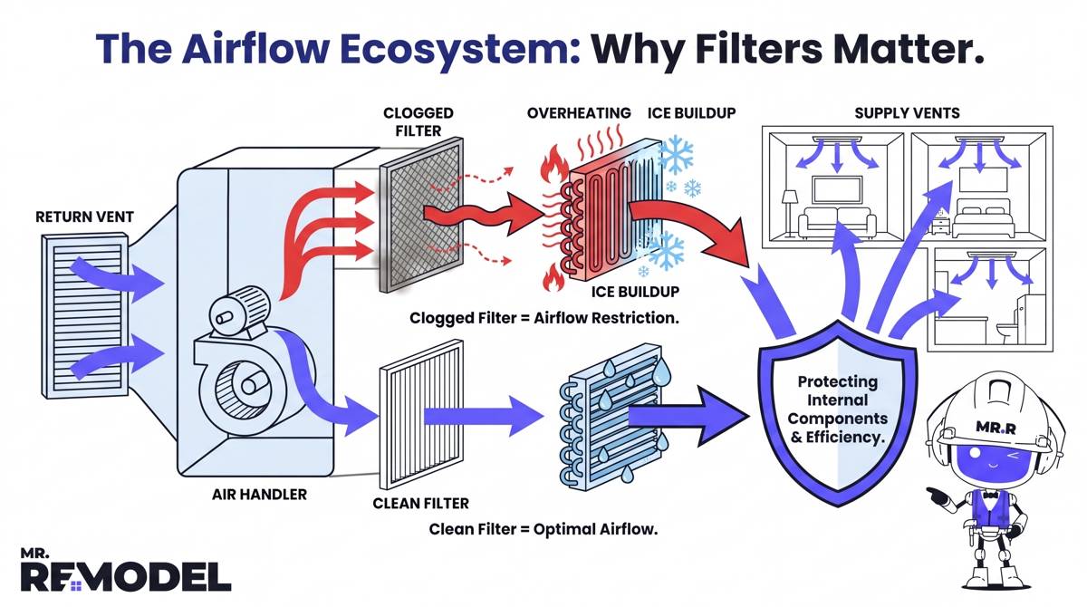 A technical schematic infographic visualizing the importance of airflow. It shows a home's ductwork. Red arrows show "Clogged Filter = Airflow Restriction" leading to "Overheating" and "Ice Buildup" icons at the coil. Blue arrows show "Clean Filter = Optimal Airflow" leading to a badge: "Protecting Internal Components."